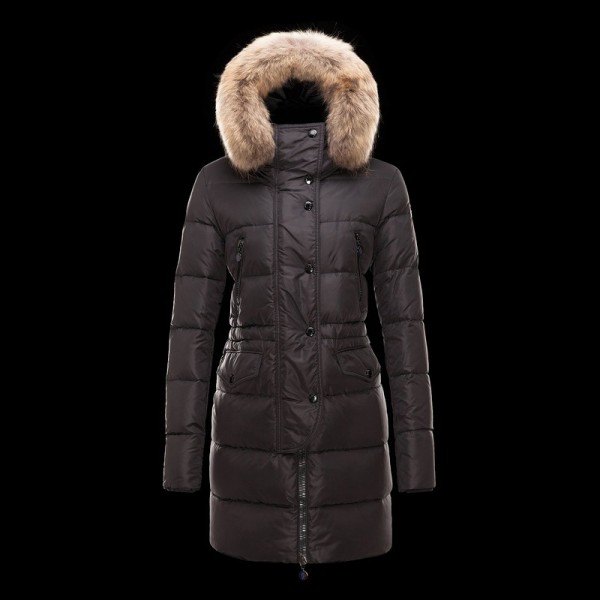 Moncler marrone Fur Cap Zipper Moda a lungo in caldo cappotto donna uscita